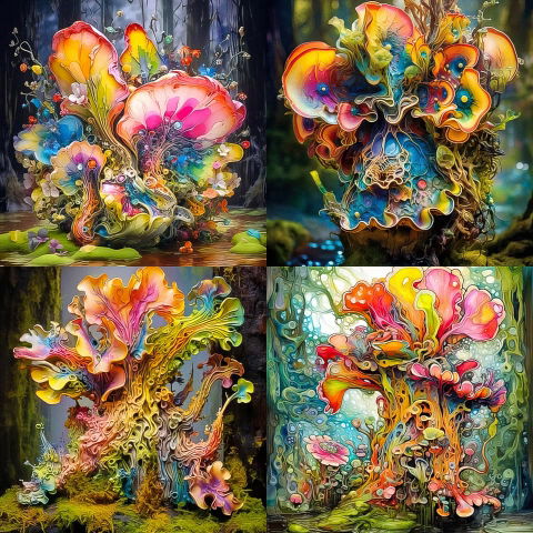 Four fantastical flower trees in vivid, intricate, glowing painterly colors