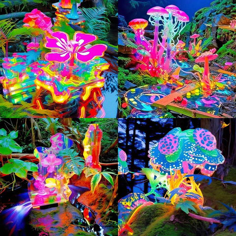 Four fantastical forest scenes with glowing flowers and mushrooms in vivid neon digital colors