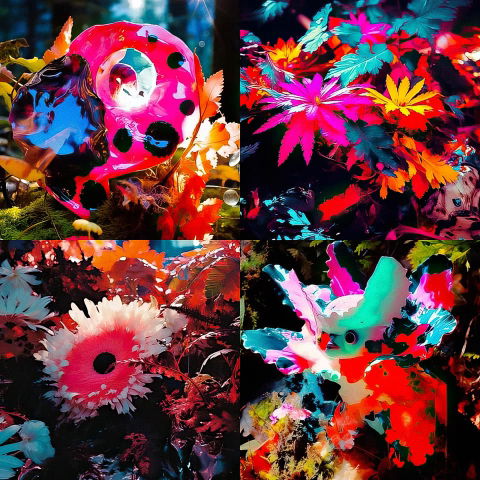 Four floral collages with surreal forms, neon palettes, painterly textures, and dramatic lighting
