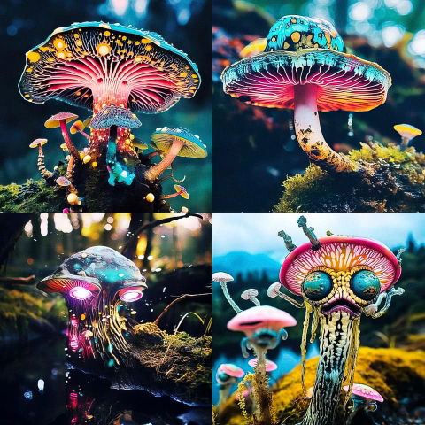 Colorful bioluminescent mushrooms and a mushroom-like creature in a vivid, glowing forest collage