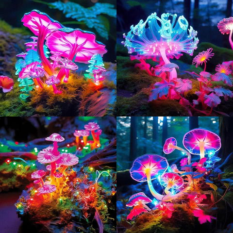 Glowing fantasy mushrooms in a four-panel collage, neon pink and blue with bioluminescent light
