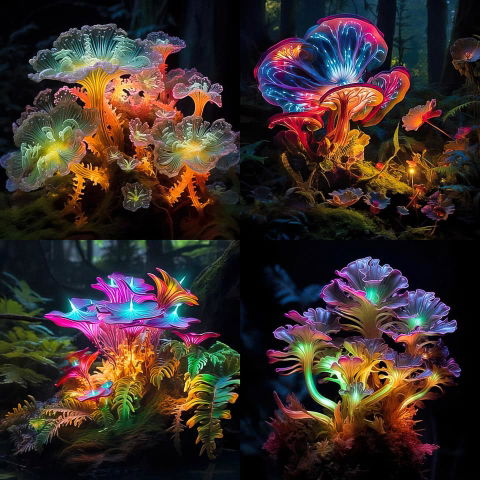 Four clusters of glowing fantasy mushrooms in a dark forest, rendered in vivid neon colors