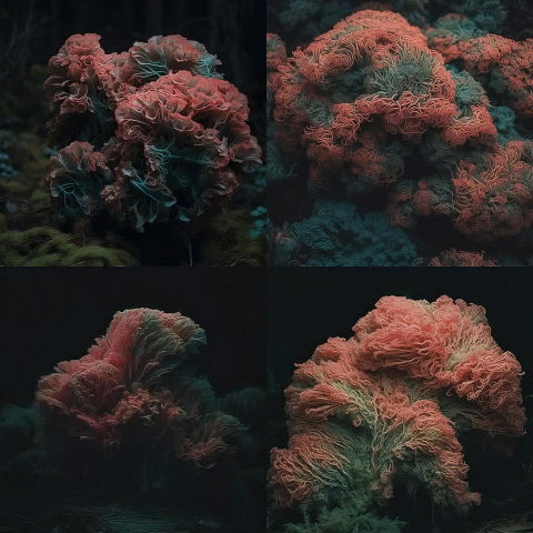 Four coral-like organic forms in dark, moody teal and coral tones with soft lighting