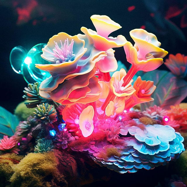 Luminescent mossy flora with glowing flowers, vivid neon colors, and dark bioluminescent lighting