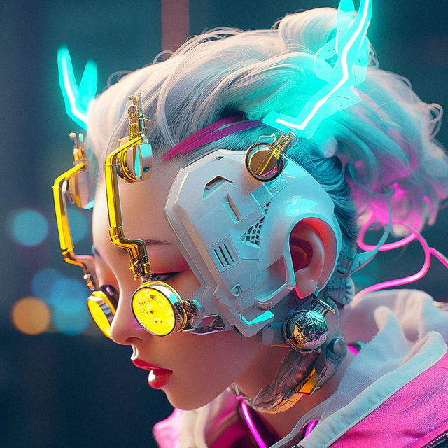 Cyberpunk character in a neon-lit digital portrait with cyan, magenta, and gold accents