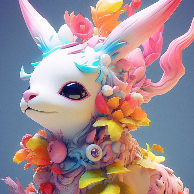 Floral fantasy rabbit with oversized ears, rendered in a glossy pastel 3D style with soft light