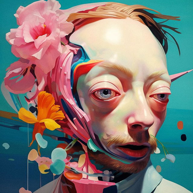 Thom Yorke portrait with flowers in a surreal, vibrant digital painting style