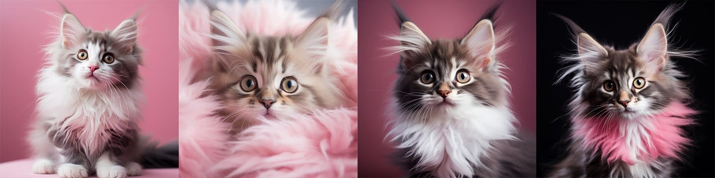 Fluffy Maine Coon kittens with big eyes, macro photography in pink and dark tones, Midjourney V5.2