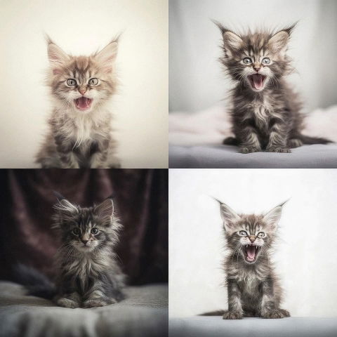 Four fluffy kittens with open mouths, softly lit photorealistic portraits in muted gray tones