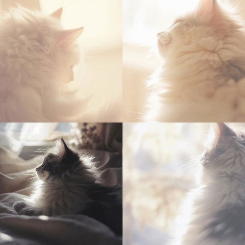 Four fluffy cats in soft-focus portraits, rendered in warm pastel tones and diffused light