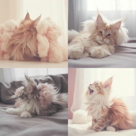 Four fluffy cats in soft pastel tones and diffused window light