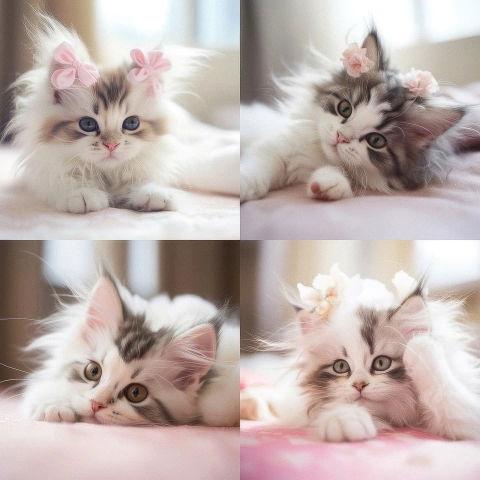 Four fluffy kittens wearing flower bows, softly lit in pastel pink and cream tones