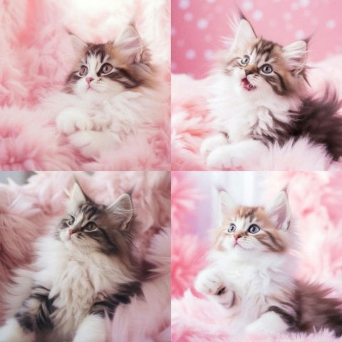 Four fluffy kittens on pink backgrounds, rendered in a soft, pastel, warmly lit photographic style