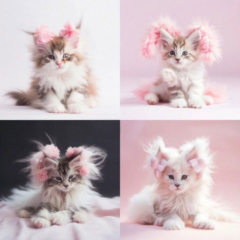 Four fluffy kittens with pink flowers and bows, softly lit in pastel pink and white tones