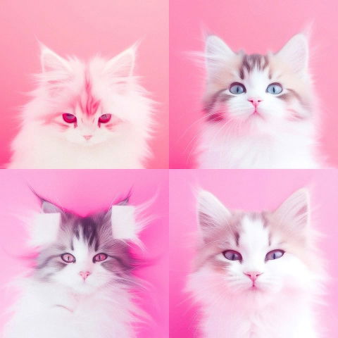 Four fluffy cats in a soft-focus digital collage with a bright pink palette and glowing light