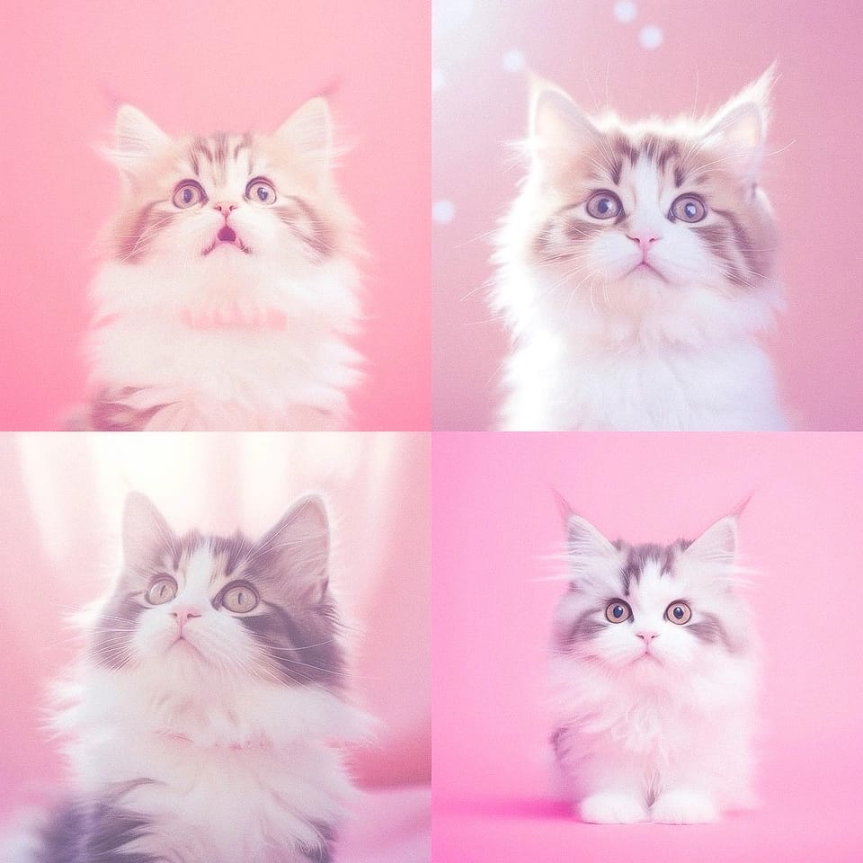 Four fluffy kittens against pink backgrounds in a soft, dreamy pastel style with glowing light