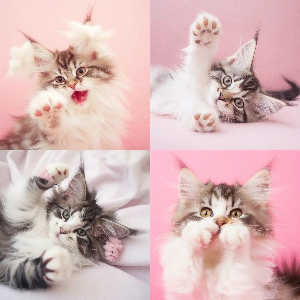 Four fluffy kittens posing playfully in soft-focus pastel pink and white studio lighting