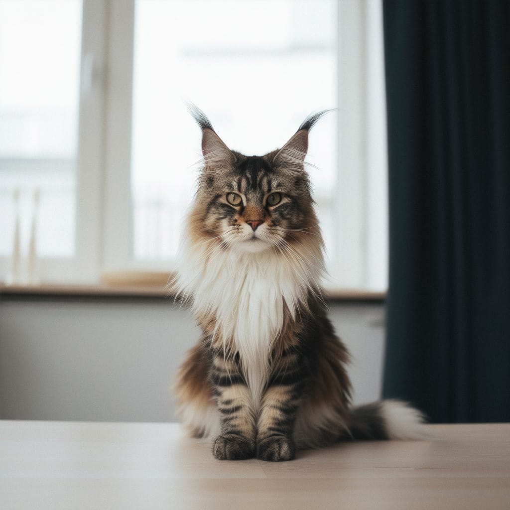 Maine Coon cat with tufted ears, softly lit in a muted realistic photographic style