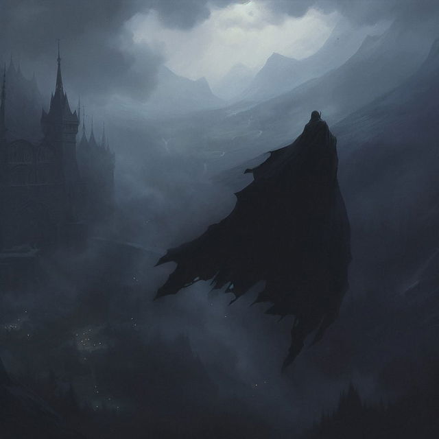 Nazgul over a sleeping town, dark cinematic fantasy art in a cold blue-gray misty palette