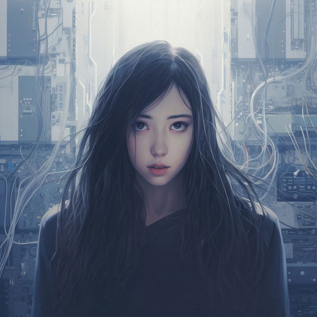 Teenage girl amid futuristic circuitry, rendered in cool blue tones with soft backlighting
