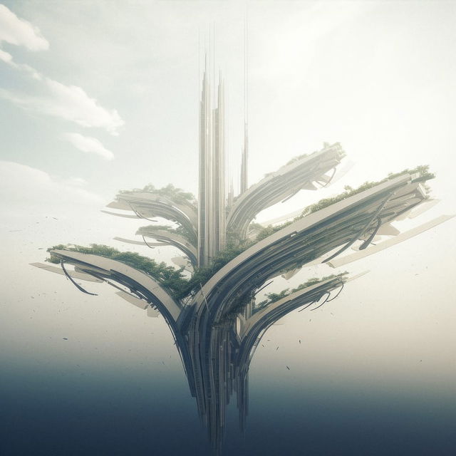Futuristic tree-like bioarchitecture with sweeping towers, greenery, pale tones, and soft light