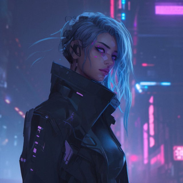 Cyberpunk woman in a dark coat, rendered in neon blue and magenta digital art with soft city light