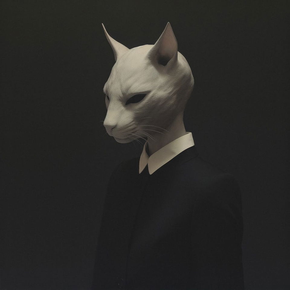 Cat-headed figure in a black suit, rendered as a dark, softly lit monochrome portrait