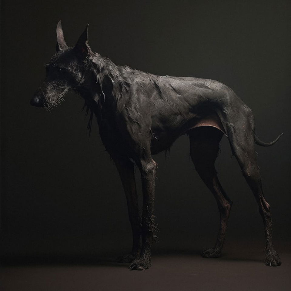Black dog with wiry fur, rendered as a dark, moody studio photograph