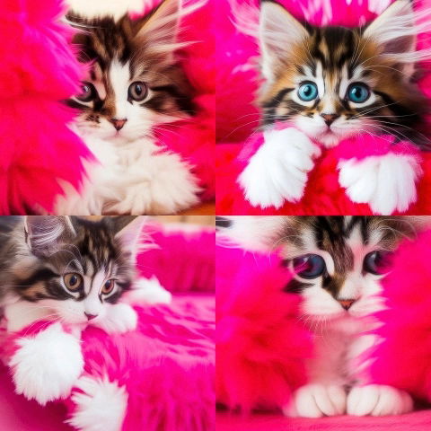 Four fluffy kittens surrounded by vivid hot-pink feathers in a bright, soft-focus collage