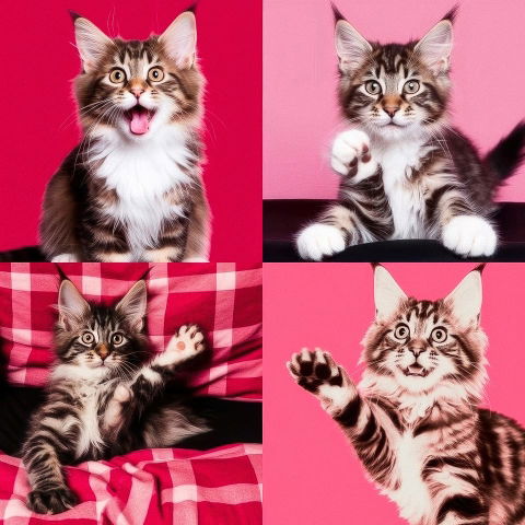 Four fluffy tabby kittens posing against vivid pink backgrounds in bright studio light