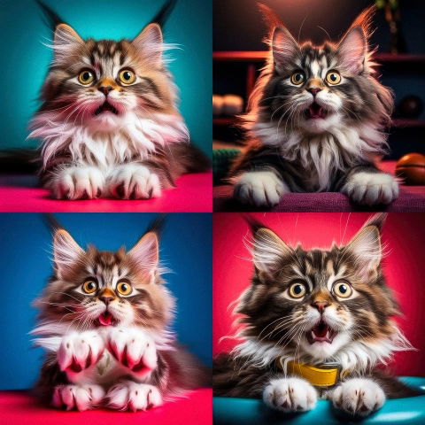 Four fluffy kittens with surprised expressions, in vibrant photorealism and dramatic lighting