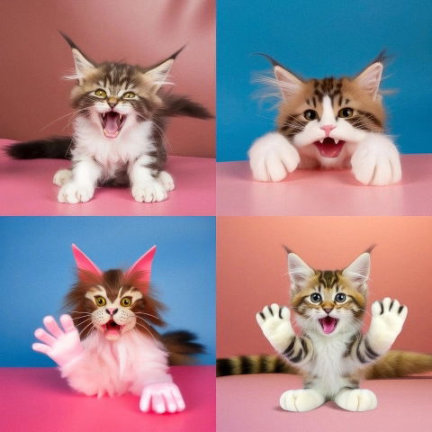 Four playful kittens with raised paws and open mouths, in colorful soft-lit digital art