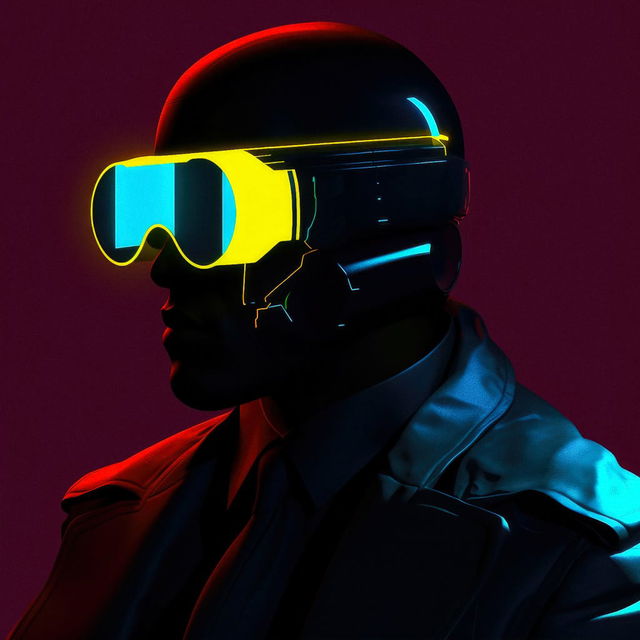 Cyberpunk character wearing glowing visor and helmet, rendered in neon blue, yellow, and red light