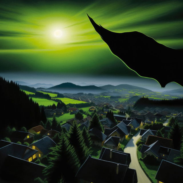 Nazgul flying over a sleeping town in a stylized digital painting with vivid green moonlight