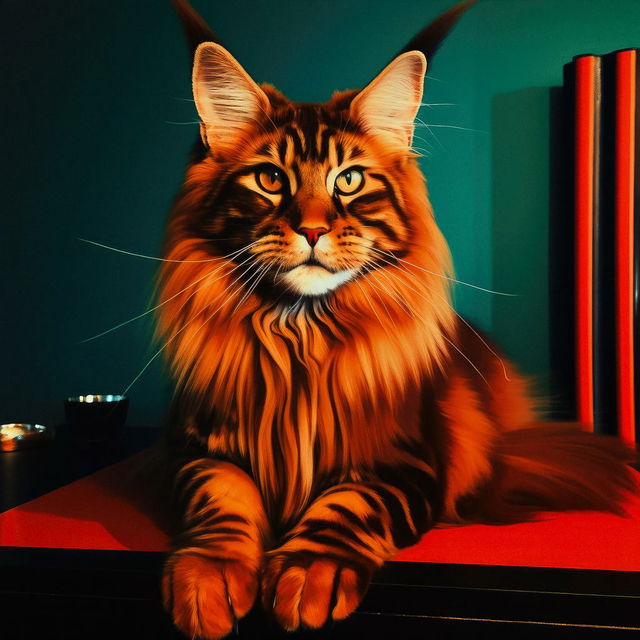 Maine Coon cat in vivid orange and teal digital art with dramatic lighting