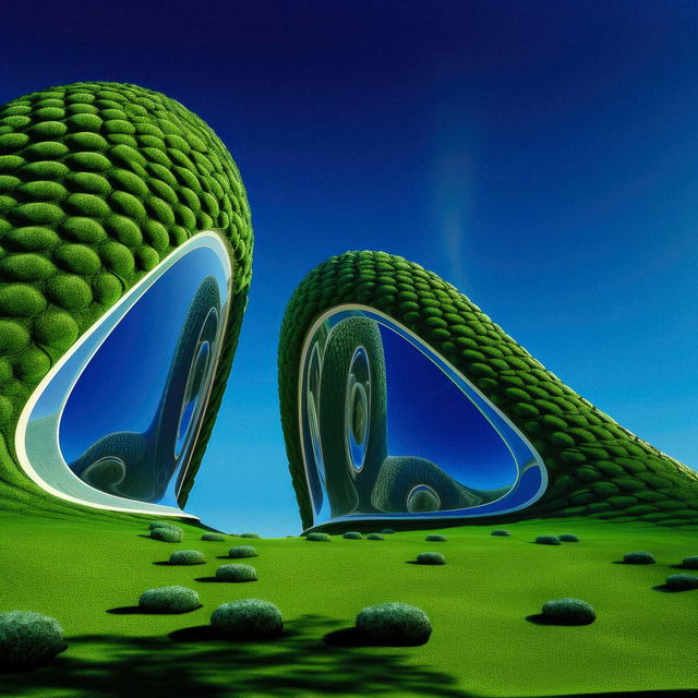 Bioarchitecture with moss-covered curves, mirrored openings, vivid grass, and blue daylight