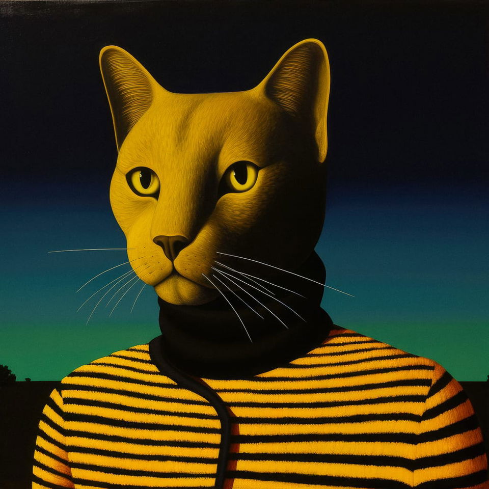 Cat-headed figure in a striped shirt, vividly colored digital art with dramatic lighting