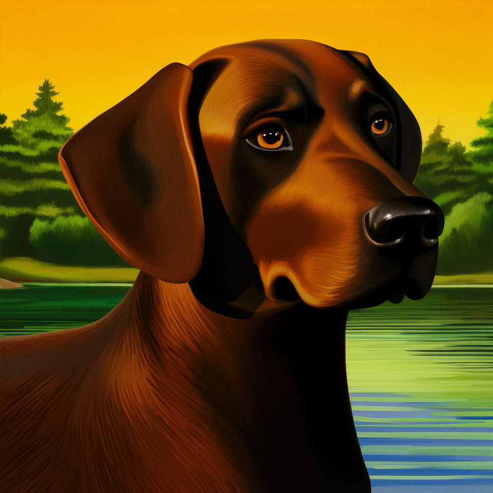 Close-up brown dog beside a lake, rendered in bold digital painting with warm saturated colors