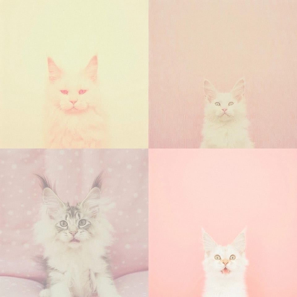 Four white cats in soft pastel pink portraits with hazy, diffused lighting