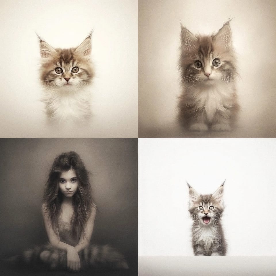 Four-panel portrait grid of kittens and a girl in soft, muted, warmly lit tones