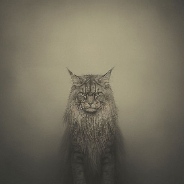 Maine Coon cat in a detailed graphite-style sketch with muted gray tones and soft lighting