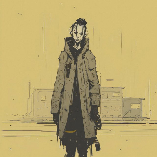 Cyberpunk character in a muted ochre palette, rendered as rough ink line art with flat light