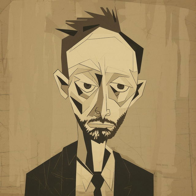 Thom Yorke portrait in angular geometric ink illustration, muted sepia palette and flat light