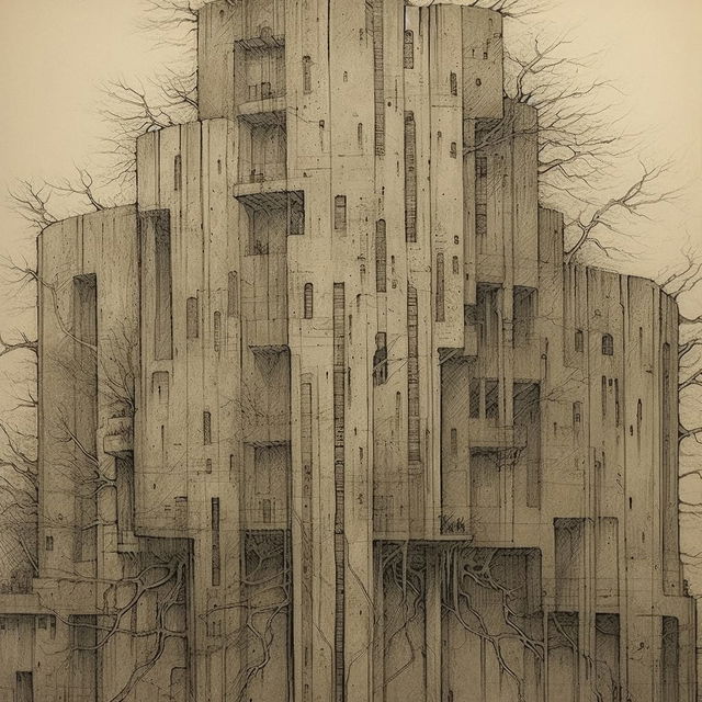 Bioarchitecture tower with trees, rendered as a sepia architectural pencil sketch