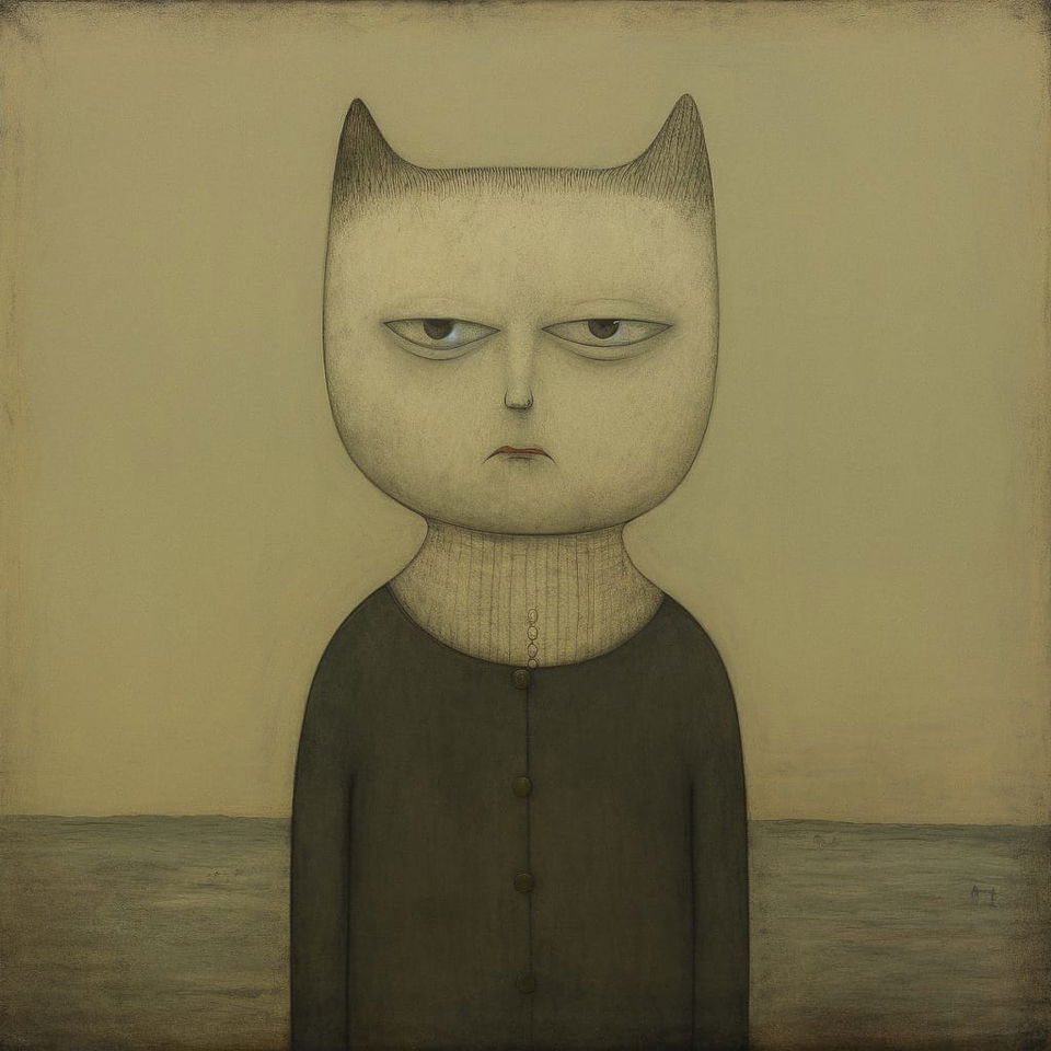 Front-facing cat-like figure in a muted sepia pencil-and-ink illustration with soft light