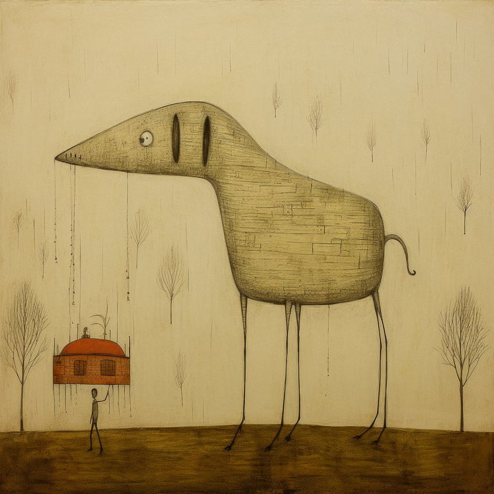 Surreal long-legged dog with a tiny house, sepia woodcut-like lines and muted light