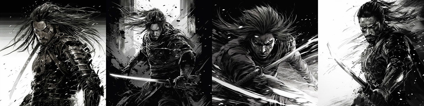 Cyberpunk samurai in a dynamic manga sword fight, black-and-white pencil lines and deep shadows, Midjourney V5.2