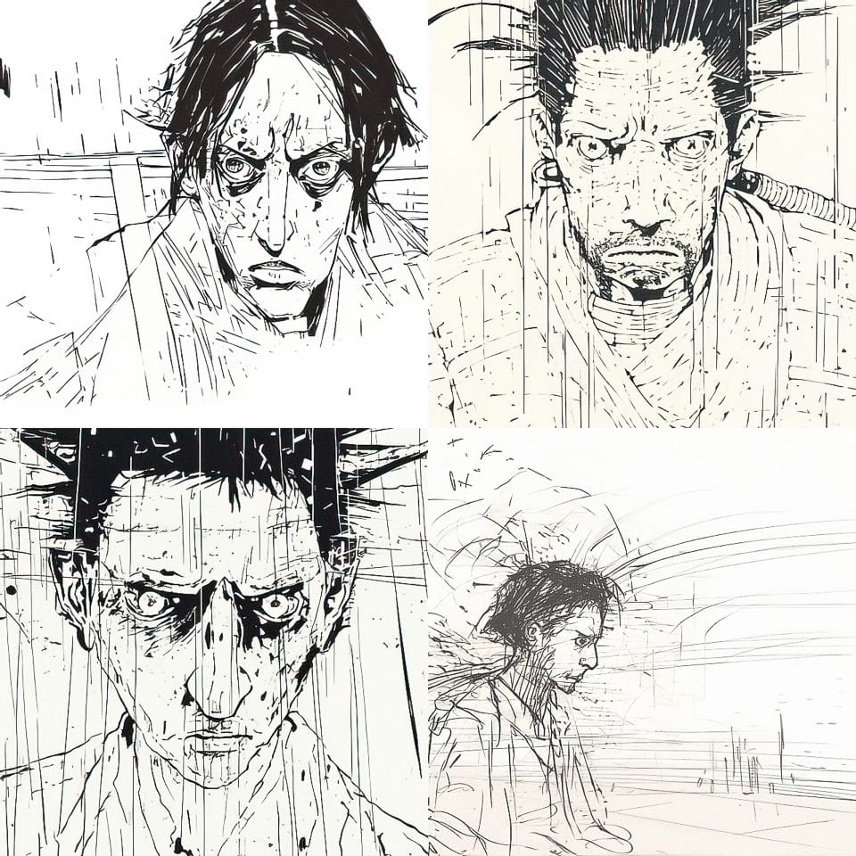 Four intense male character portraits in stark black-and-white manga ink with rough linework