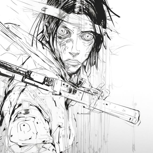 Close-up cyberpunk samurai with sword, manga linework in black-and-white with heavy shadows