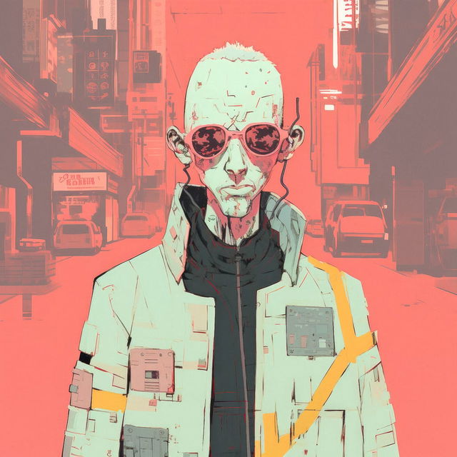 Cyberpunk character in a neon city, graphic novel linework with a coral and mint palette